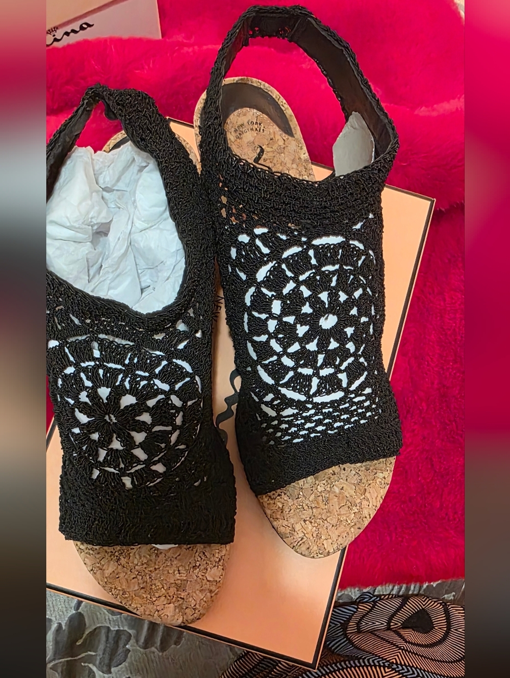 NIna Black Crochet Cork Wedge Sandals